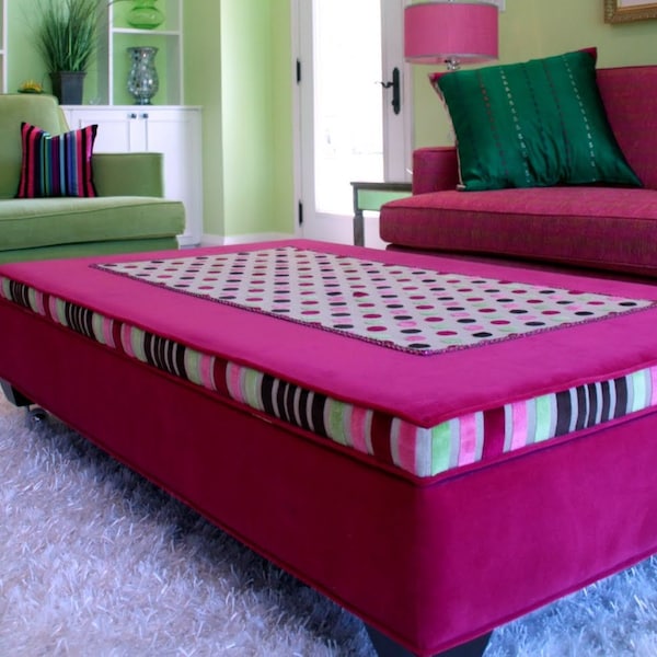 Custom Made, Upholstered Ottoman, in Pink and Green, Clarke and Clarke Velvet Fabric, By Jane Hall Design