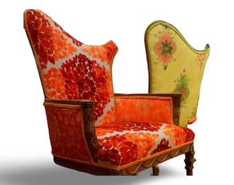 Upcycled Bohemian Armchair: Orange & Green Velvet, "Designers Guild" Fabric