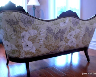 Upcycled-Antique-Upholstered Victorian Love Settee-Repurposed-in a Lavender Designers Guild Printed Cotton Fabrics, by Jane Hall Design