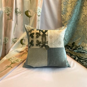 18”/18” Osborne and Little, Designers Guild, Quilted Decorative Pillow Cover, in Mineral Green and Taupe Woven and Velvet Fabrics