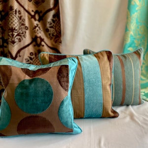 16”x 16” Designers Guild, Bohemian Style Quilted Decorative Pillow Cover, Chocolate Brown and Teal Velvet Fabrics, By Jane Hall Design