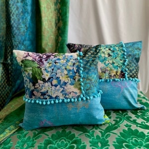 20”/20” Designers Guild “Sudara Lino-Azure” Kasav Purple, Blue, Green Printed Linen and Cotton Decorative Pillow Cover From Jane Hall Design