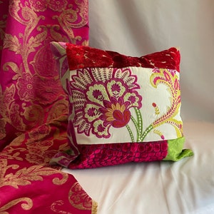 20”x 20” Designers Guild, Manuel Canovas Pillow Cover, White Green and Red, Embroidered Cotton and Cut Velvet Fabrics, Jane Hall Design