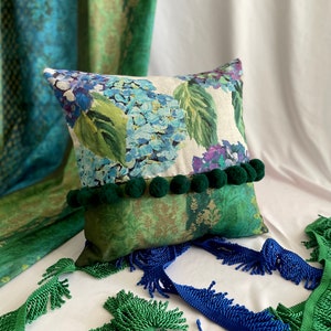 18”/18” Designers Guild “Sudara Lino-Azure” Kasav Purple, Blue, Green Printed Linen and Cotton Decorative Pillow Cover From Jane Hall Design