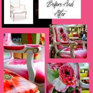 May include: Before and after image of a white chair with a floral design. The chair is upholstered in a white fabric with a floral pattern. The chair is shown in two different states: before and after the floral design was added. The chair is a classic style with a high back and curved arms.