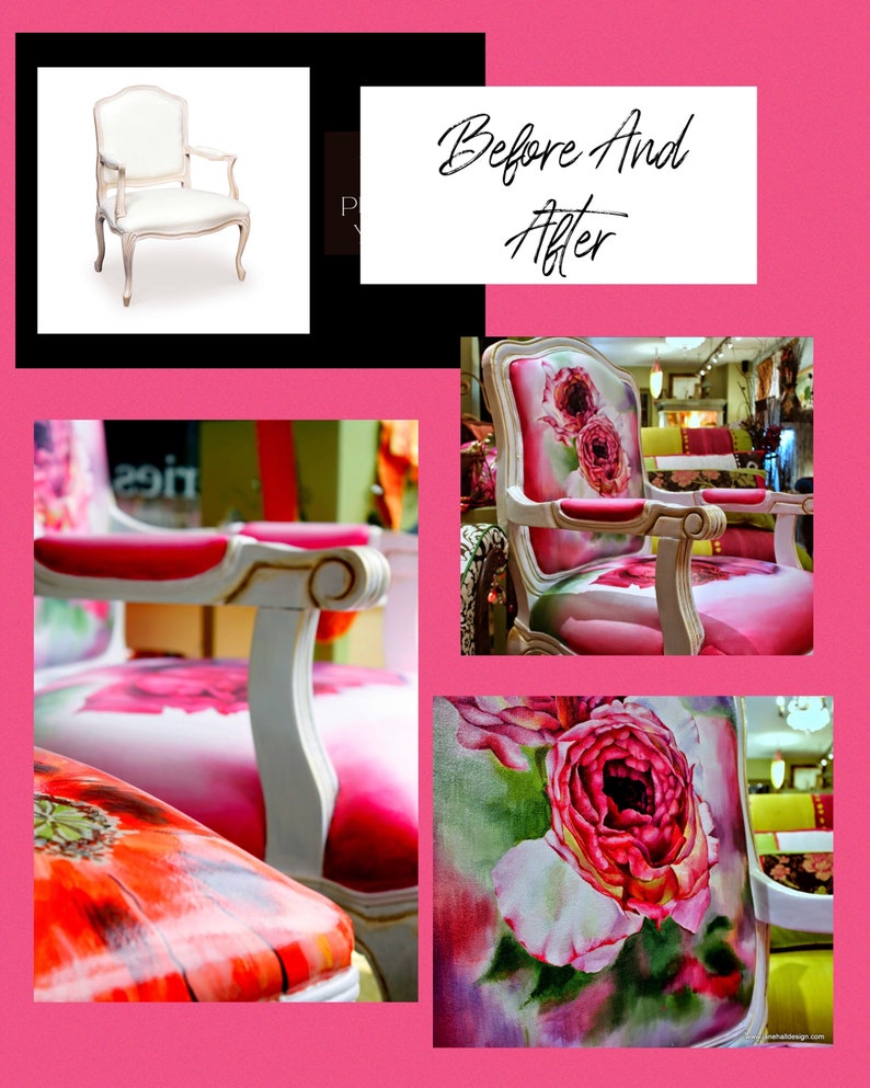 May include: Before and after image of a white chair with a floral design. The chair is upholstered in a white fabric with a floral pattern. The chair is shown in two different states: before and after the floral design was added. The chair is a classic style with a high back and curved arms.