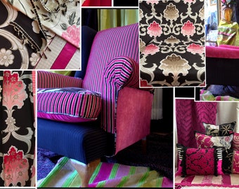 Hollywood Regency Style, Recycled Upholstered Vintage Wing Chair, Repurposed in Designers Guild Black White and Pink Fabrics, Jane Hall