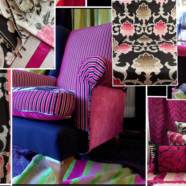 Hollywood Regency Style, Recycled Upholstered Vintage Wing Chair, Repurposed in Designers Guild Black White and Pink Fabrics, Jane Hall