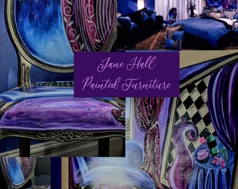 Bohemian Style, Upholstered Dining Chair , Purple and Midnight Blue Hand Painted, By Jane Hall Design
