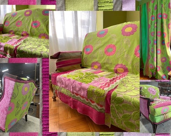 Upcycled-Antique Loveseat-Designers Guild- Pink and Green “Calaggio“ Velvet Weave-Printed Cotton Duck Fabrics-by Jane Hall Design