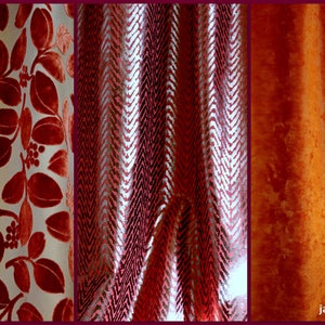 May include: A collage of three fabric swatches. The first features a white background with a repeating pattern of red leaves and berries. The second has a red and silver chevron design. The third is a solid orange-red fabric.