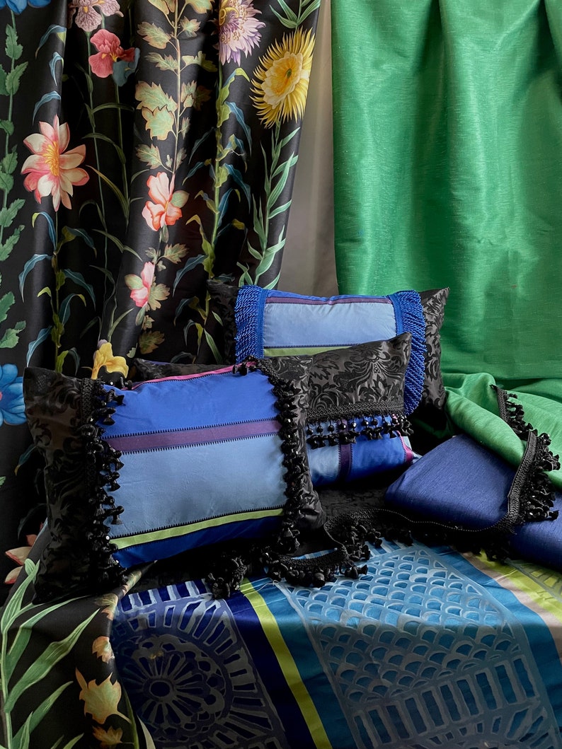 Christian LaCroix-Designers Guild Fabric, "Selam-Jais” Sapphire Blue, Black-Floral Pattern-Printed Silk-Jane Hall Design image 7
