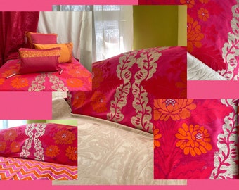 Upcycled Loveseat, Designers Guild-Printed Silk “Merelli” Velvet Weave-Pink-Orange- White-Fabricsby Jane Hall Design