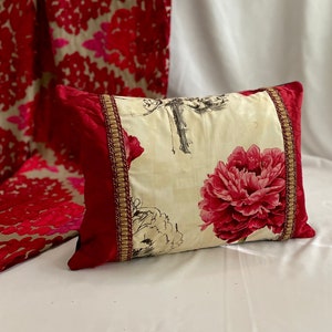 Pierre Frey Floral Pillow Cover: Red, Black & White Cotton Silk (20”x 14”)