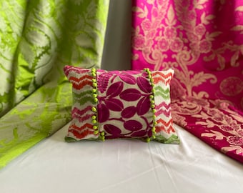 12”/16” Designers Guild Bohemian Style Pink, Green and Orange Woven Jacquard, Velvet, PomPom Trim From Jane Hall Design