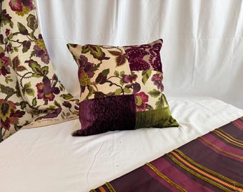 Decorative Pillow Cover, Designers Guild Velvet, Sanderson Printed Linen, Burgundy Green Oatmeal, 20”/20” From Jane Hall Design