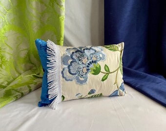 20”x 14” Designers Guild, Manuel Canovas “Mina” Decorative Pillow Cover, Blue Green White, Velvet, Appliquéd Embroidered Cotton
