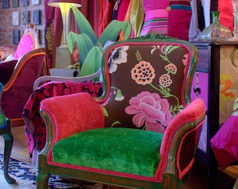 Upcycled, Hand Painted, Upholstered Vintage Armchair, Repurposed In Pink, Orange, Designers Guild Fabric, By Jane Hall Design