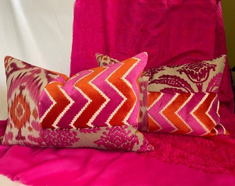 20”x 14” Designers Guild, Bohemian Style, Pillow Cover in Magenta and Orange Embroidered Silk Cut Velvet Fabrics by Jane Hall Design
