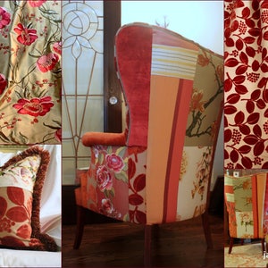 May include: A collage of home decor items. Includes a patchwork armchair with floral and striped patterns, a fringed pillow, and fabric swatches with floral and leaf designs in red, gold, and orange hues.