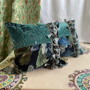 Designers Guild  “Bloomsbury Rose” 18”/18” Decorative Pillow Cover, Teal, Emerald And Navy Printed Velvet, Pompom Trim, from Jane Hall
