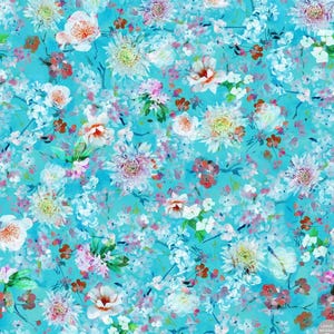 Pode incluir: Um padrão floral vibrante com flores brancas, rosa e laranja sobre um fundo turquesa brilhante. O design apresenta flores detalhadas e folhagens delicadas, criando um design têxtil animado e colorido, adequado para diversos usos.