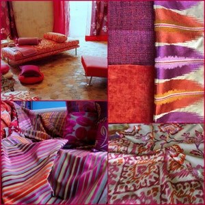 May include: A collage of interior design elements in shades of red and pink. The image includes a chaise lounge, a footstool, fabric swatches, and pillows. The fabrics feature patterns like stripes, floral designs, and textured weaves, creating a vibrant and luxurious aesthetic.