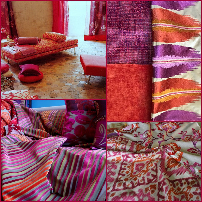 May include: A collage of interior design elements in shades of red and pink. The image includes a chaise lounge, a footstool, fabric swatches, and pillows. The fabrics feature patterns like stripes, floral designs, and textured weaves, creating a vibrant and luxurious aesthetic.