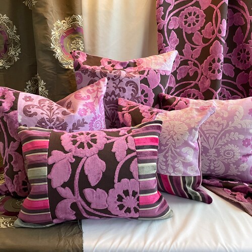 18”/18” Designers Guild, Bohemian Style, Decorative Pillow Cover, Magenta And Mauve Printed Linen and Velvet shops Fabrics, Jane Hall Design