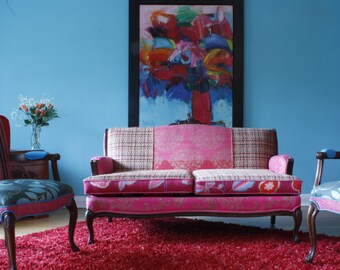 Upcycled, Upholstered, Vintage French Provincial Settee, Repurposed, in Magenta, and Teal, Exclusive, Designers Guild Fabrics.