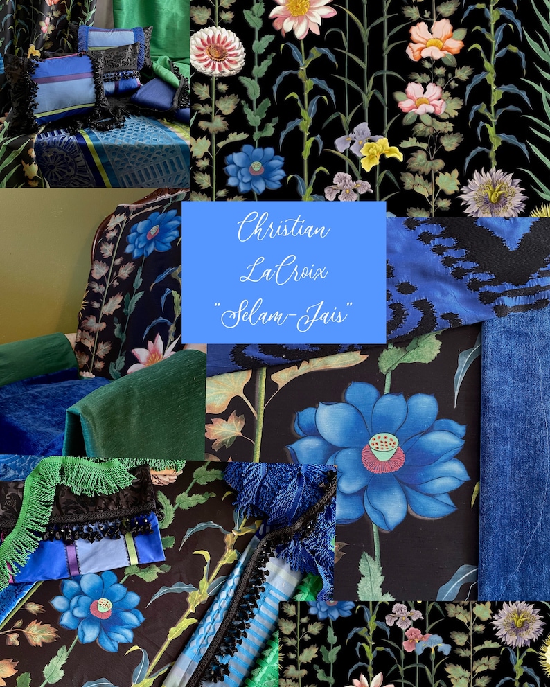 Christian LaCroix-Designers Guild Fabric, "Selam-Jais” Sapphire Blue, Black-Floral Pattern-Printed Silk-Jane Hall Design image 2