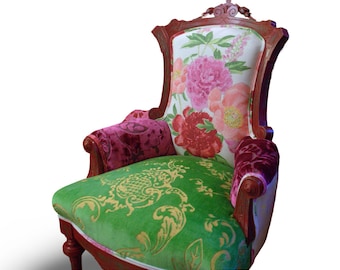 Upcycled Eastlake Chair: Hand-Painted Floral Velvet Accent Chair