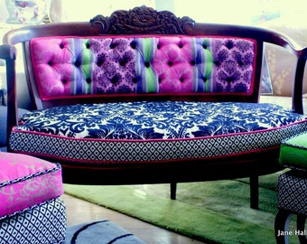 Upcycled, Antique, Upholstered Settee, In Pink and Black Designers Guild Fabric, By Jane Hall Design