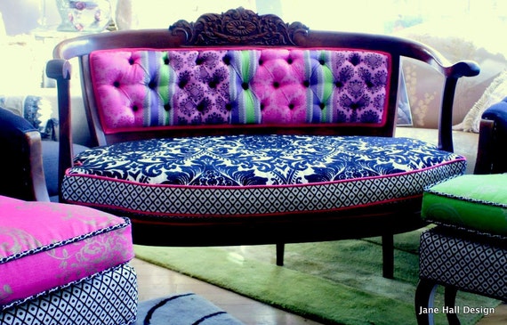 Upcycled Antique Upholstered Settee in Pink and Black - Etsy