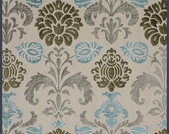 Jane Churchill Rosa Fabric: Blue Taupe Velvet Appliqué Linen