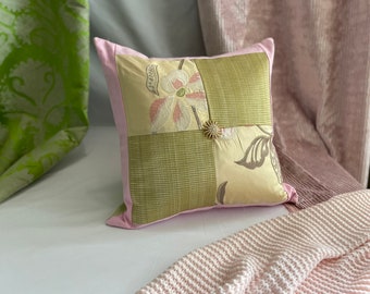 Capa de almofada de seda bordada: rosa, verde, floral, 18”