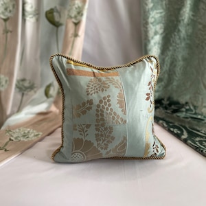 18”/18” Designers Guild, Quilted Decorative Pillow Cover, in Mineral Green and Taupe Velvet and Embroidered Silk Fabrics