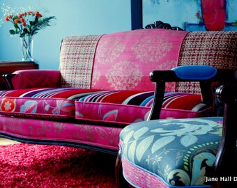 Bohemian Style Upcycled- Vintage French Provincial Love Seat- Updated In “Designers Guild” Fabrics- Magenta Turquoise-From Jane Hall Design