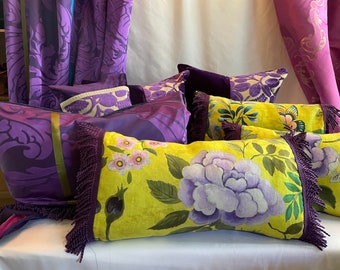 Designers Guild 12”/22” Bohemian Style, Decorative Pillow Cover, Purple and Yellow  Printed Linen, Bullion Trim Jane Hall Design
