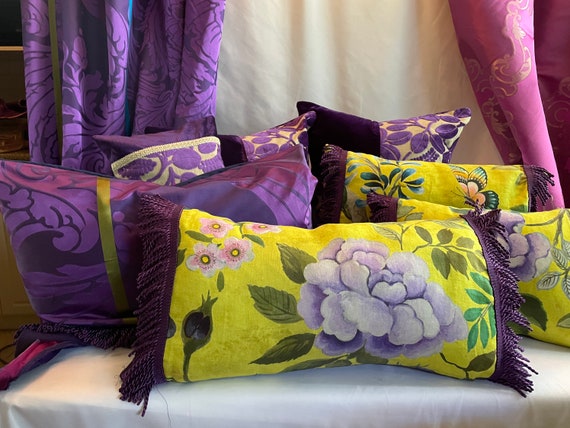 Designers Guild 12”/22” Bohemian Style, Decorative Pillow Cover, Purple and Yellow Printed Linen, Bullion Trim Jane Hall Design