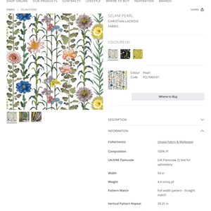 May include: A floral fabric pattern with a white background and colorful flowers. The fabric is called "Selam Pearl" by Christian Lacroix. The fabric is 54 inches wide and weighs 4.4 ounces per square yard. It is suitable for cushions and curtains and blinds.
