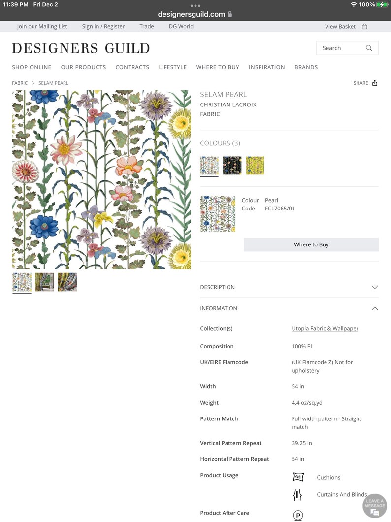 May include: A floral fabric pattern with a white background and colorful flowers. The fabric is called "Selam Pearl" by Christian Lacroix. The fabric is 54 inches wide and weighs 4.4 ounces per square yard. It is suitable for cushions and curtains and blinds.