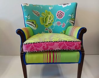 Upcycled Antique Armchair: Turquoise, Pink Green Designers Guild Velvet, Cotton From Jane Hall Design