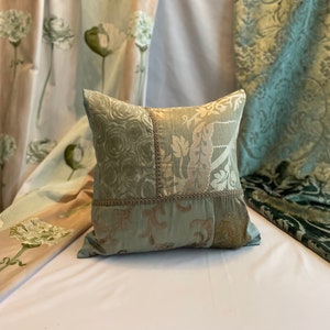 18”/18” Osborne and Little, Designers Guild, Quilted Decorative Pillow Cover, in Mineral Green and Taupe Velvet and Embroidered Fabrics