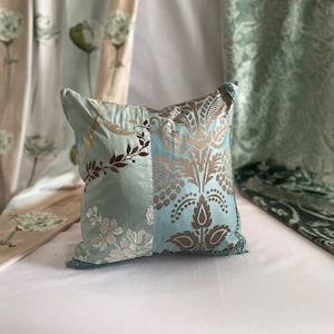 18”/18” Designers Guild, Quilted Decorative Pillow Cover, in Mineral Green and Taupe Velvet and Embroidered Silk Fabrics