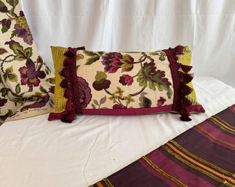 Decorative Pillow Cover, Designers Guild Velvet, Sanderson Printed Linen, Burgundy Green Oatmeal, 14”/24” From Jane Hall Design