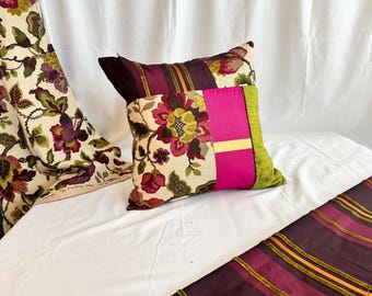 Decorative Pillow Cover, Designers Guild Velvet, Sanderson Printed Linen, Burgundy Green Oatmeal, 18”/18”, From Jane Hall Design