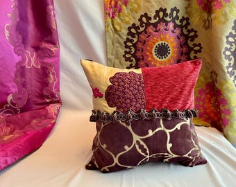 Boho-Stil, bestickt und appliziert, Seide und Samt, Kissenbezug, Magenta & Orange, Designers Guild, Lorca