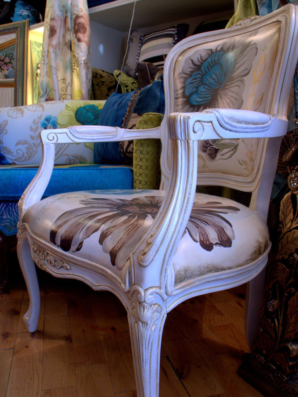 Hand Painted Upholstered Chair in a Blue and White Floral Etsy