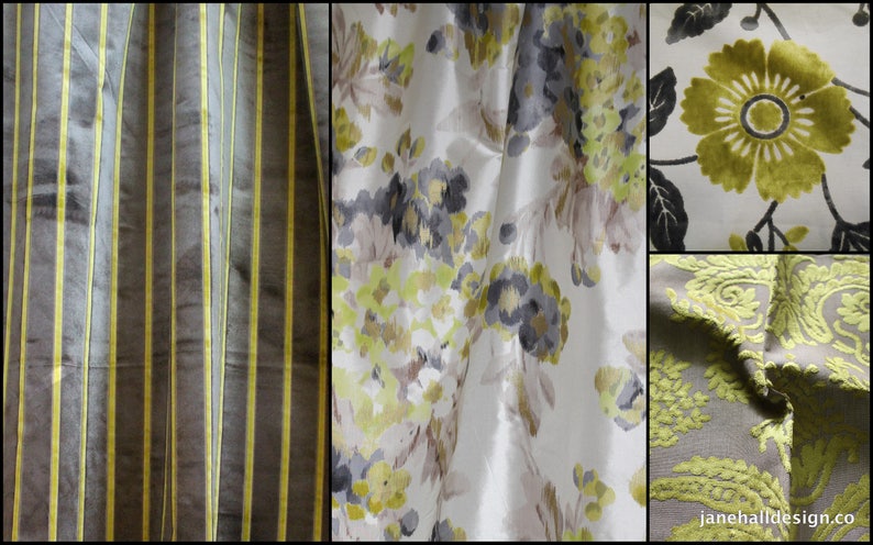 May include: Four fabric swatches in different patterns and colors. The first swatch is a brown and yellow striped fabric. The second swatch is a white fabric with a floral pattern in shades of gray, yellow, and pink. The third swatch is a white fabric with a large green floral pattern. The fourth swatch is a gray fabric with a green floral pattern.